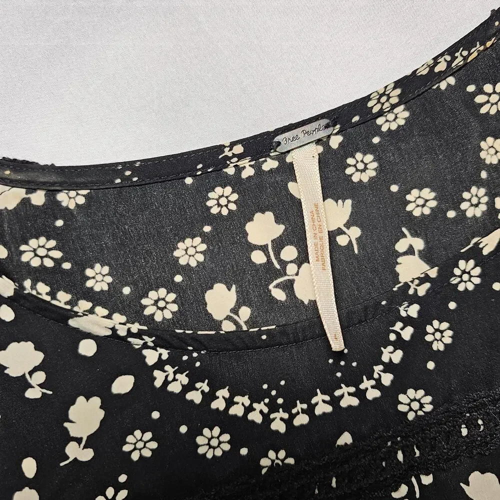 Free People Black Floral Boho Mini Dress‎ Size 4 Ruffle Sleeve Lace Trim